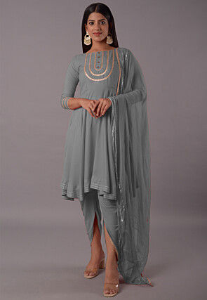 Embroidered Rayon Punjabi Suit in Grey