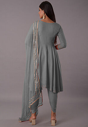 Embroidered Rayon Punjabi Suit in Grey