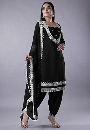 Embroidered Rayon Punjabi Suit in Black