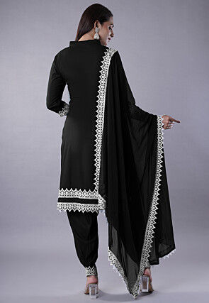 Embroidered Rayon Punjabi Suit in Black