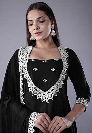 Embroidered Rayon Punjabi Suit in Black