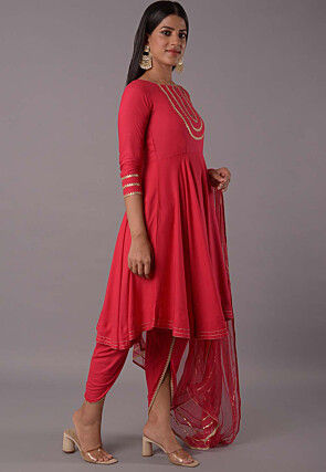 Embroidered Rayon Punjabi Suit in Red