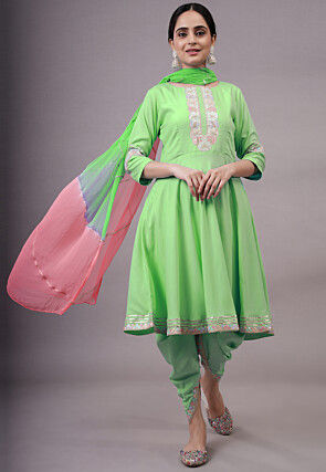 Embroidered Rayon Punjabi Suit in Light Green
