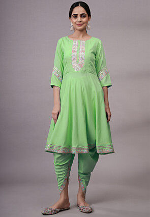 Embroidered Rayon Punjabi Suit in Light Green