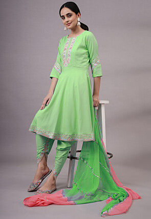 Embroidered Rayon Punjabi Suit in Light Green