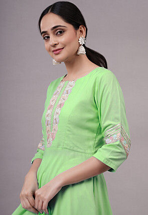 Embroidered Rayon Punjabi Suit in Light Green