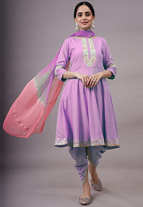 Embroidered Rayon Punjabi Suit in Light Purple