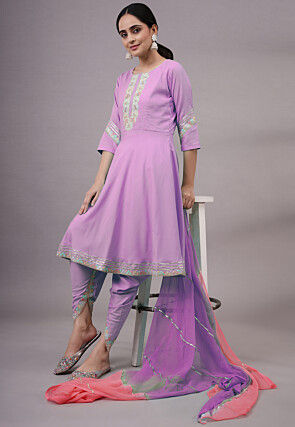Embroidered Rayon Punjabi Suit in Light Purple