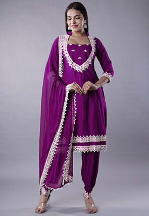 Embroidered Rayon Punjabi Suit in Magenta