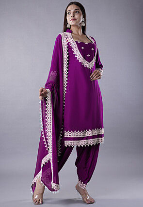 Embroidered Rayon Punjabi Suit in Magenta