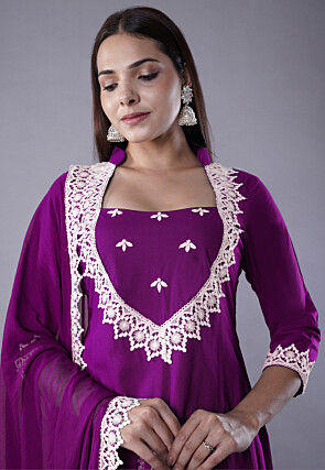 Embroidered Rayon Punjabi Suit in Magenta