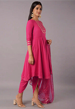 Embroidered Rayon Punjabi Suit in Magenta