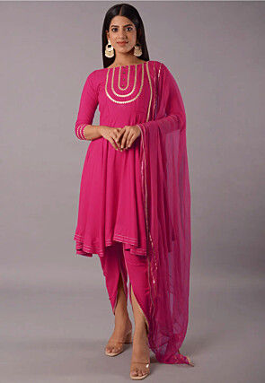 Embroidered Rayon Punjabi Suit in Magenta