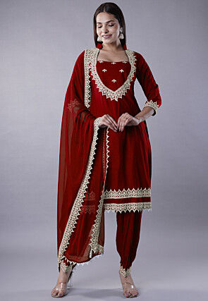 Embroidered Rayon Punjabi Suit in Maroon