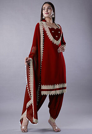 Embroidered Rayon Punjabi Suit in Maroon