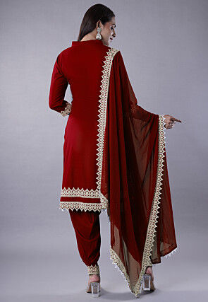 Embroidered Rayon Punjabi Suit in Maroon