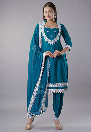 Embroidered Rayon Punjabi Suit in Teal Blue