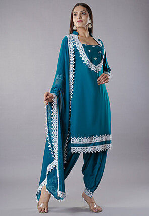 Embroidered Rayon Punjabi Suit in Teal Blue