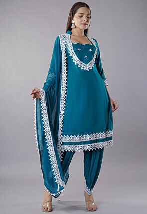 Embroidered Rayon Punjabi Suit in Teal Blue