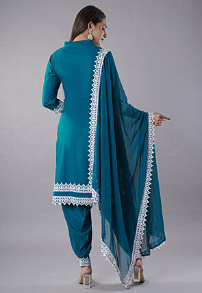 Embroidered Rayon Punjabi Suit in Teal Blue