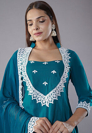 Embroidered Rayon Punjabi Suit in Teal Blue