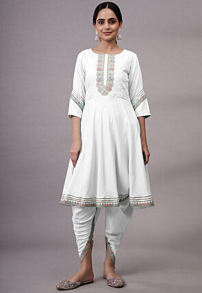 Embroidered Rayon Punjabi Suit in White