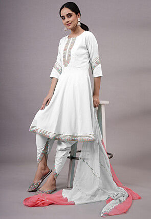 Embroidered Rayon Punjabi Suit in White
