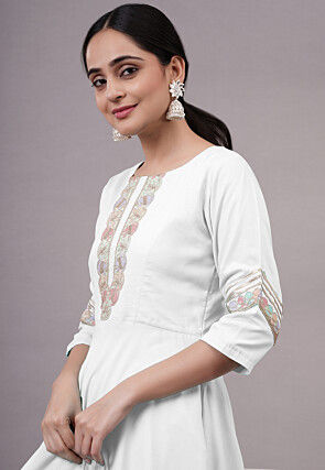 Embroidered Rayon Punjabi Suit in White