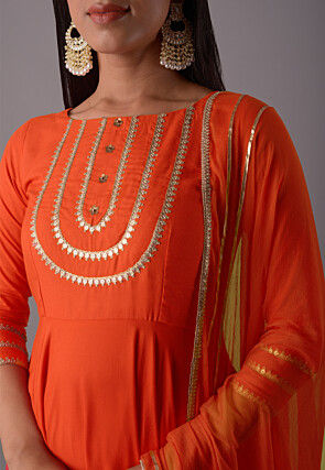 Embroidered Rayon Punjabi Suit in Orange