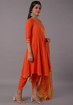 Embroidered Rayon Punjabi Suit in Orange