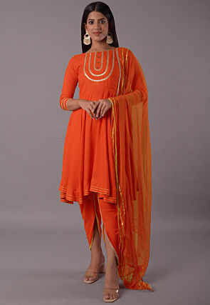 Embroidered Rayon Punjabi Suit in Orange