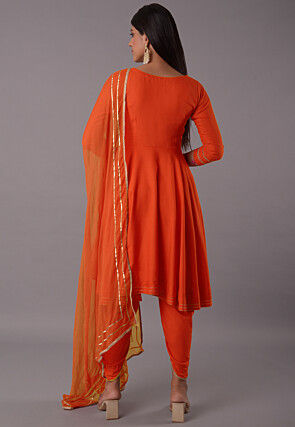Embroidered Rayon Punjabi Suit in Orange