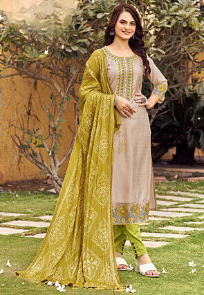Embroidered Rayon Scalloped Pakistani Suit in Beige