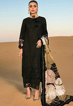 Embroidered Rayon Scalloped Pakistani Suit in Black