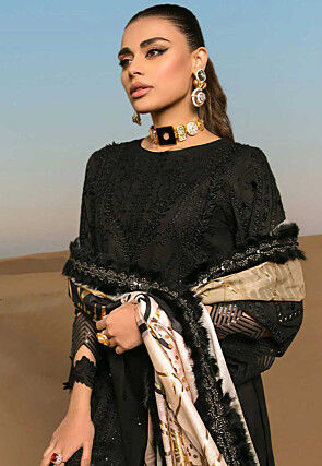 Embroidered Rayon Scalloped Pakistani Suit in Black