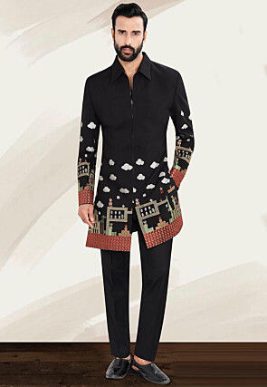 Embroidered Rayon Sherwani in Black