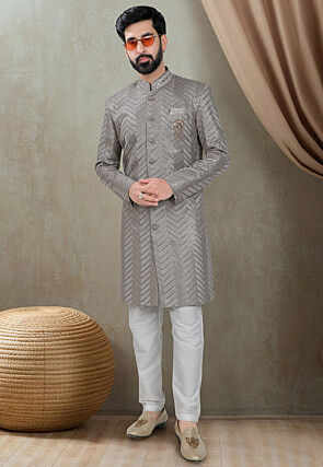 Embroidered Rayon Sherwani in Grey