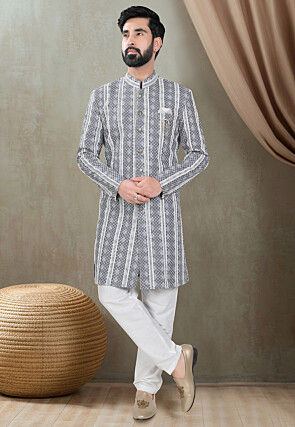 Embroidered Rayon Sherwani in Grey