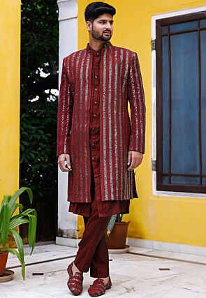 Embroidered Rayon Sherwani in Maroon