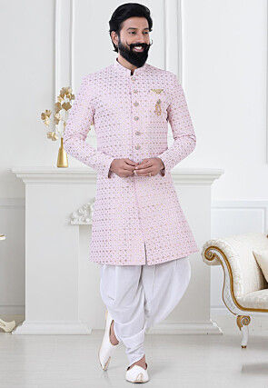 Embroidered Rayon Sherwani in Pink
