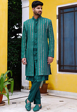 Embroidered Georgette Sherwani in Teal Green