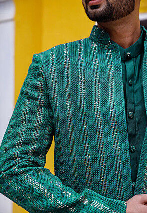 Embroidered Georgette Sherwani in Teal Green