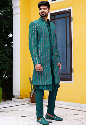 Embroidered Georgette Sherwani in Teal Green