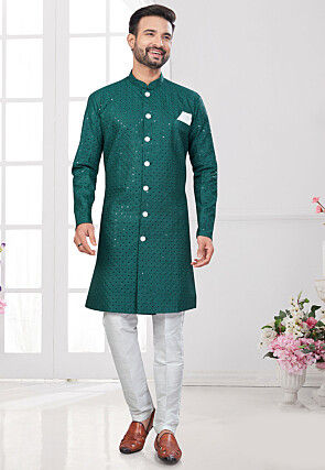 Embroidered Rayon Sherwani in Teal Green