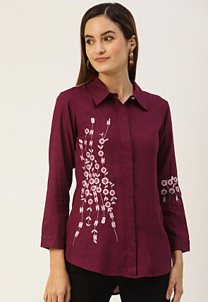 Embroidered Rayon Shirt in Dark Purple
