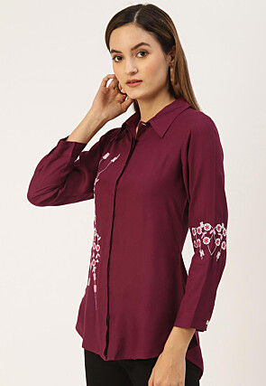 Embroidered Rayon Shirt in Dark Purple