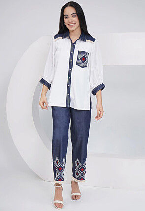 Embroidered Rayon Shirt Set in Off White