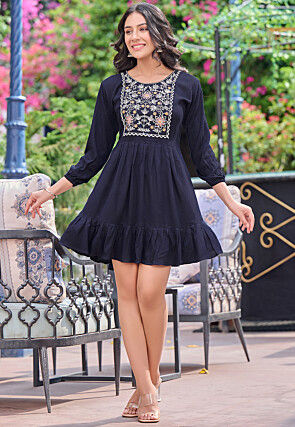 Embroidered Rayon Short Dress in Navy Blue