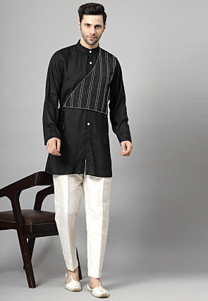 Embroidered Rayon Short Kurta Set in Black