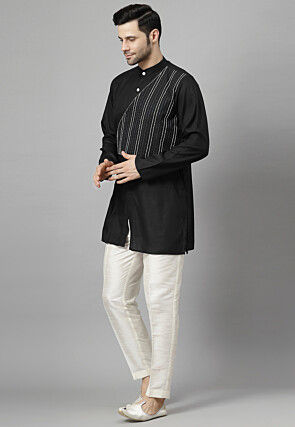 Embroidered Rayon Short Kurta Set in Black